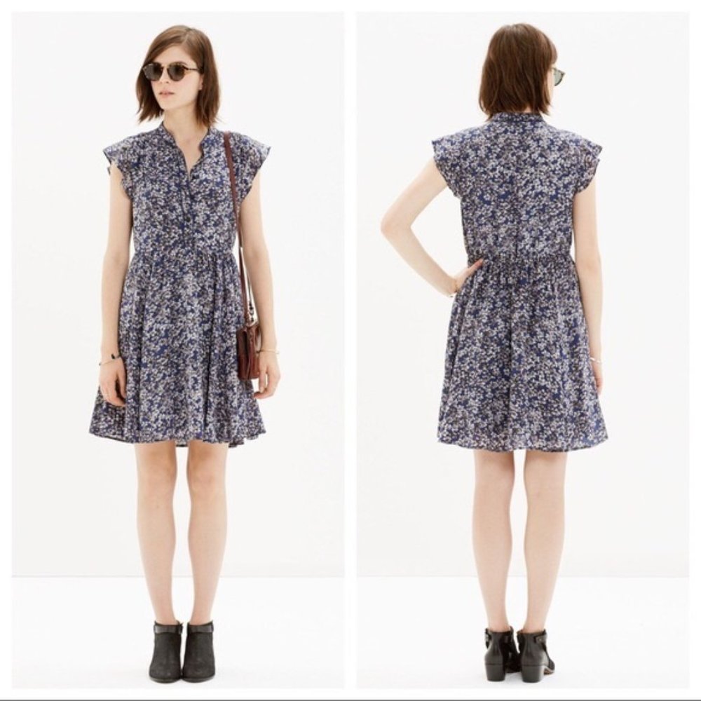 Madewell Silk floral button swing dress navy gray size 4